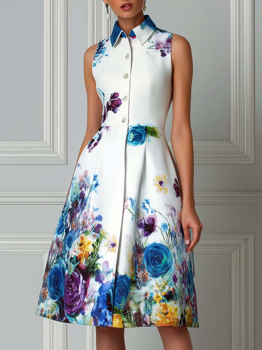 White Sleeveless Watercolor Floral Print Midi Dress