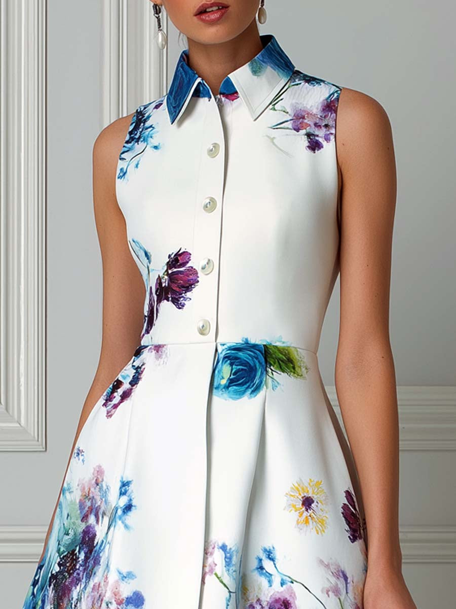 White Sleeveless Watercolor Floral Print Midi Dress