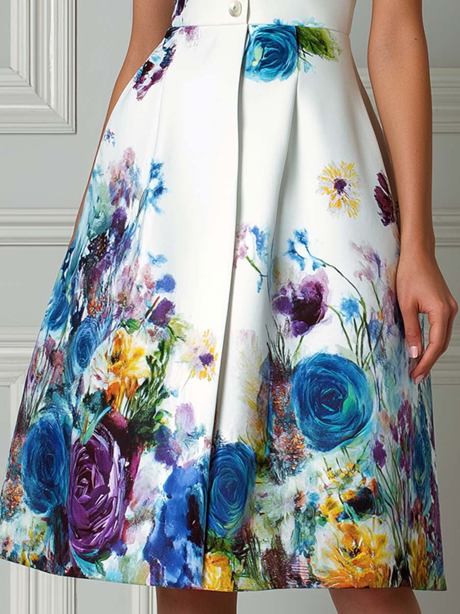White Sleeveless Watercolor Floral Print Midi Dress