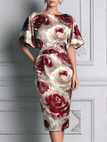 Champagne Satin Rose Print Batwing Sleeve Midi Dress