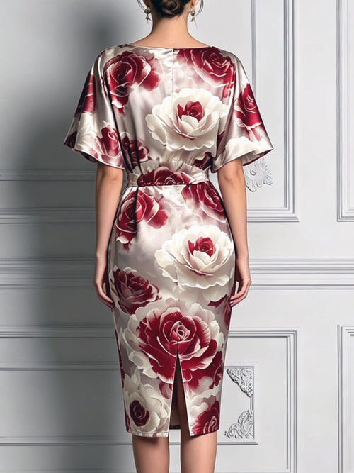 Champagne Satin Rose Print Batwing Sleeve Midi Dress