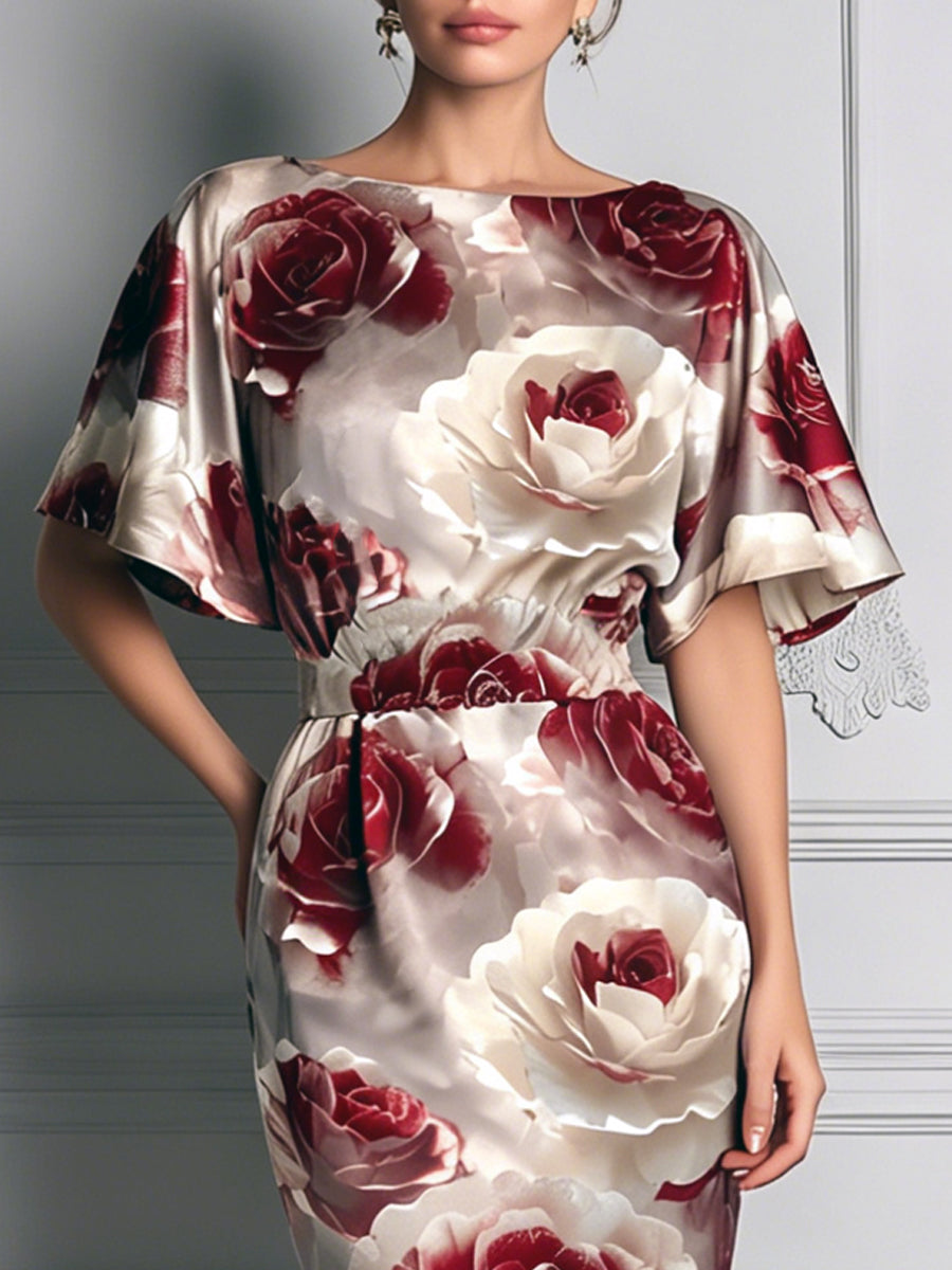 Champagne Satin Rose Print Batwing Sleeve Midi Dress