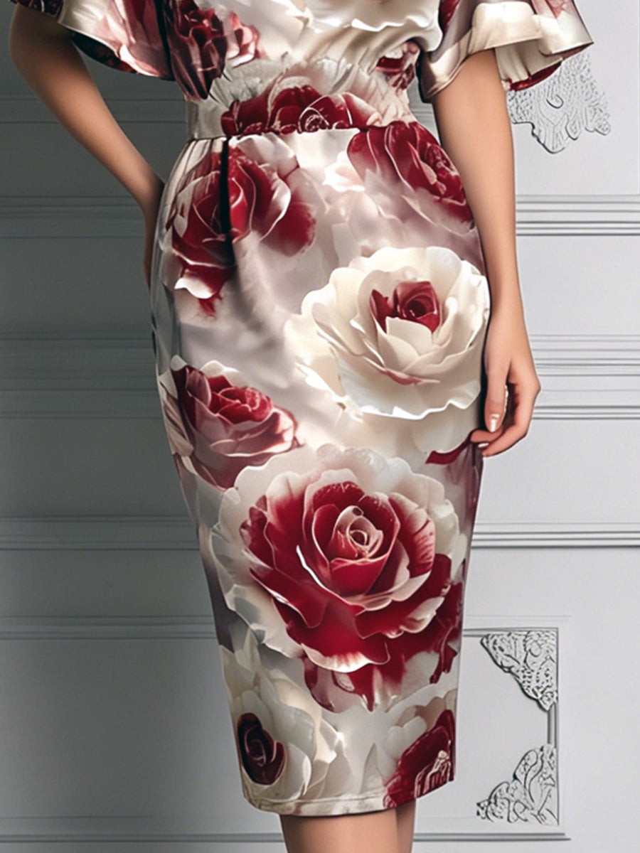 Champagne Satin Rose Print Batwing Sleeve Midi Dress