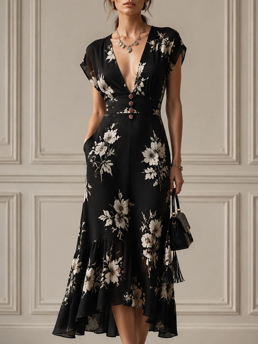 Floral Deep V-Neck Midi Dress