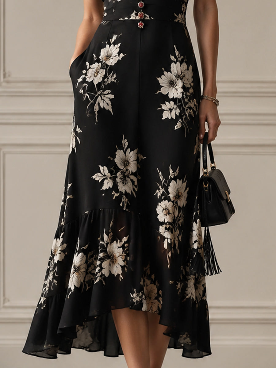 Floral Deep V-Neck Midi Dress