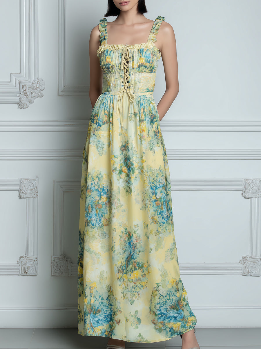 Yellow & Blue Watercolor Floral Smocked Maxi Dress
