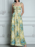 Yellow & Blue Watercolor Floral Smocked Maxi Dress