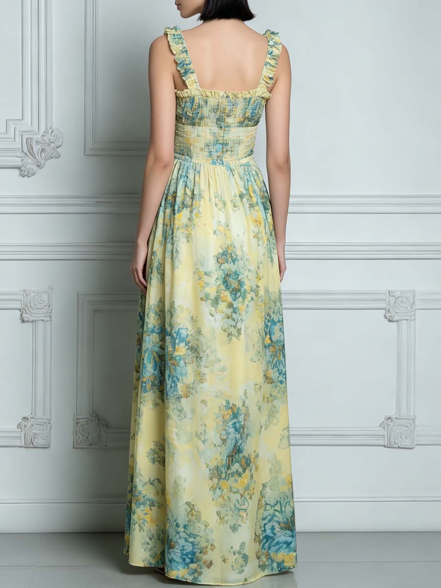 Yellow & Blue Watercolor Floral Smocked Maxi Dress