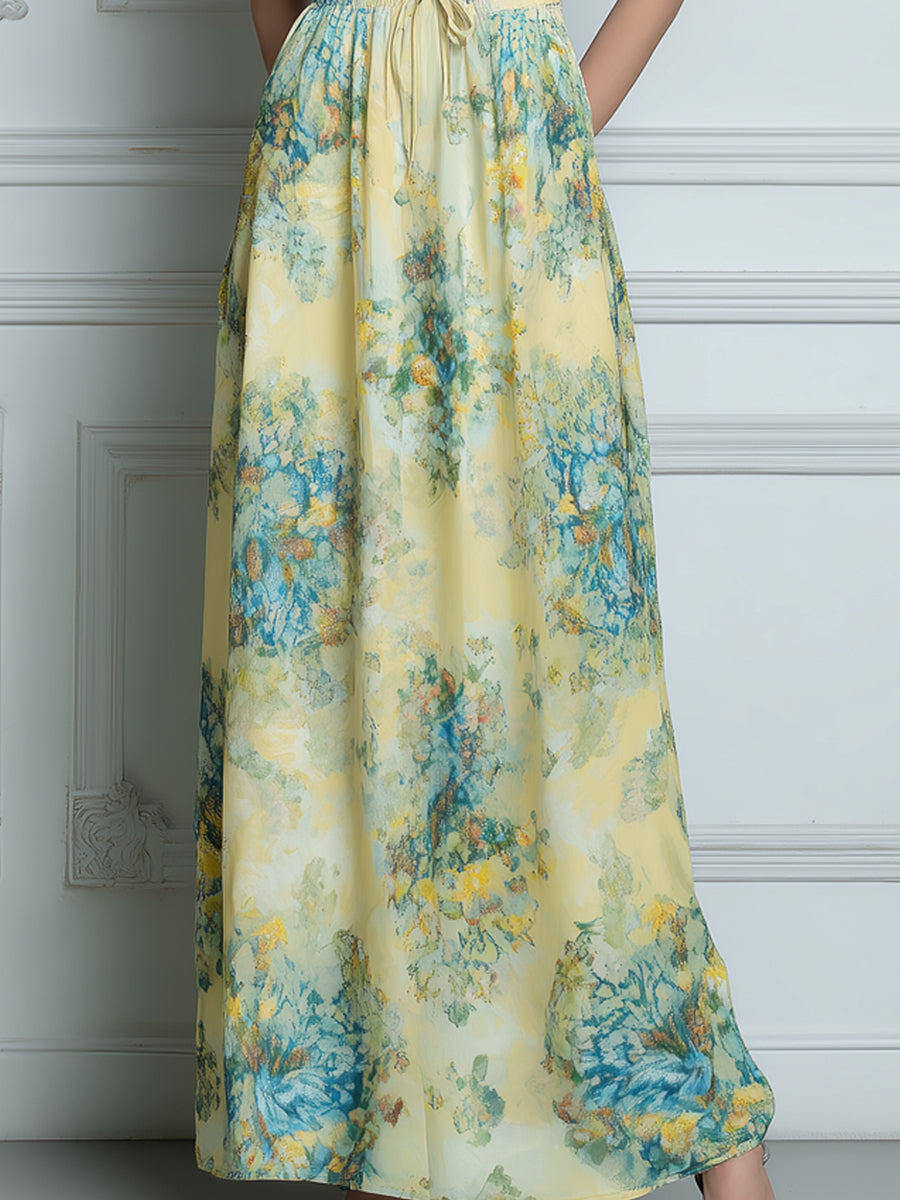 Yellow & Blue Watercolor Floral Smocked Maxi Dress