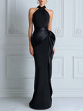 Draped Halter Satin Maxi Dress