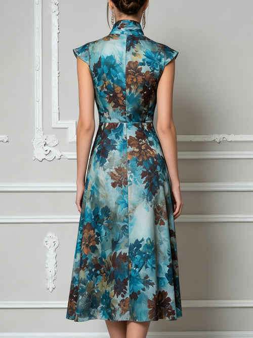 Artistic Watercolor Blue Floral Cap Sleeve Midi Dress