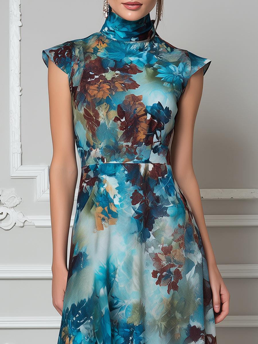 Artistic Watercolor Blue Floral Cap Sleeve Midi Dress