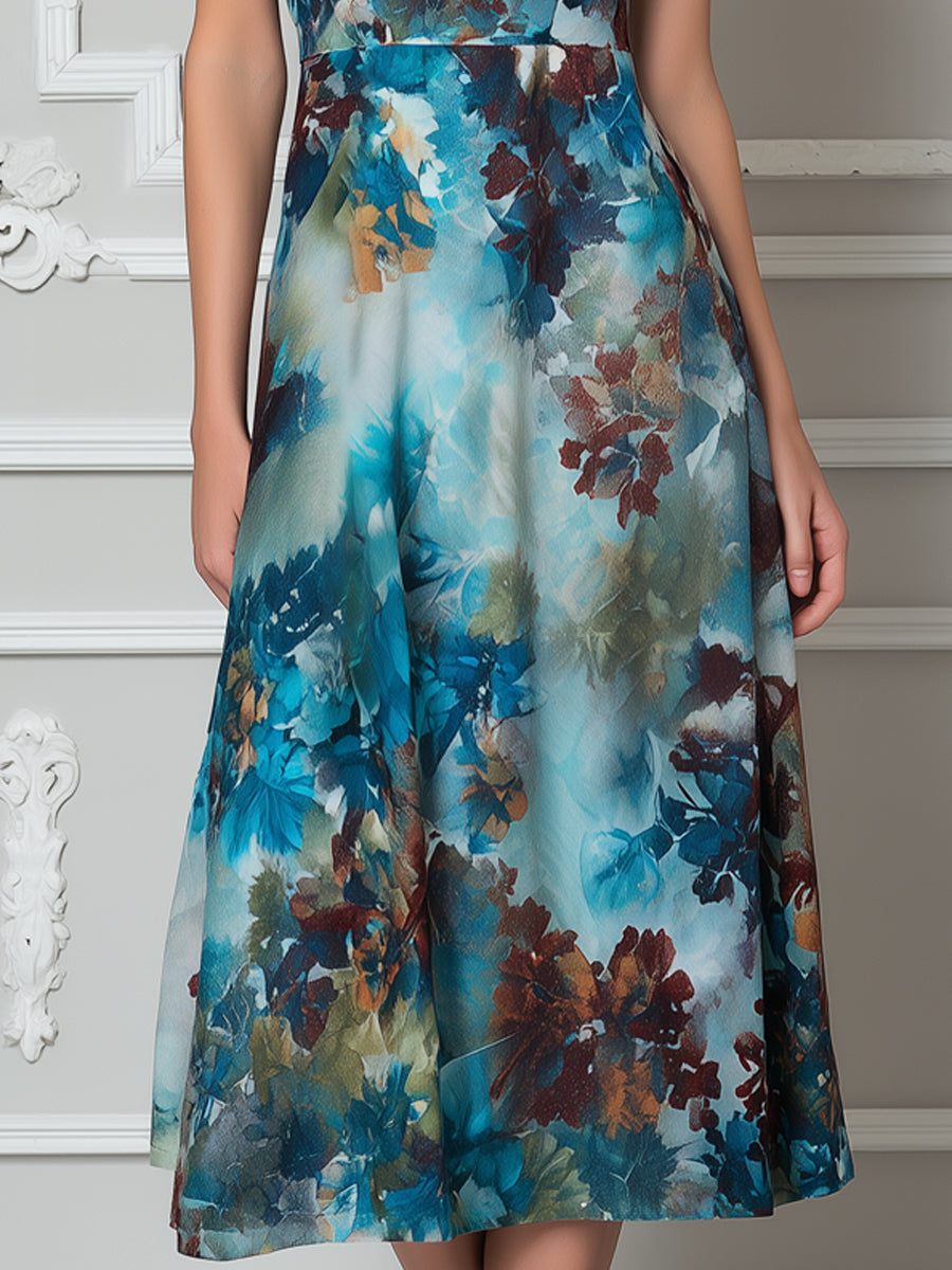 Artistic Watercolor Blue Floral Cap Sleeve Midi Dress