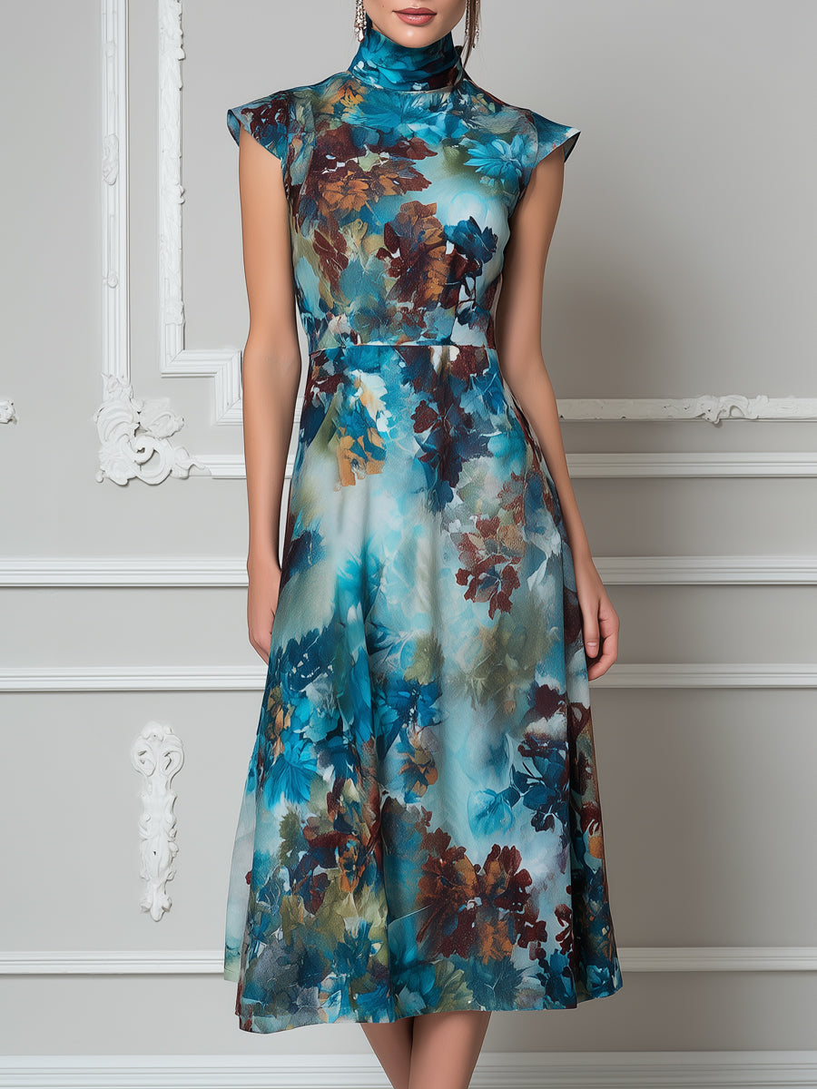 Artistic Watercolor Blue Floral Cap Sleeve Midi Dress