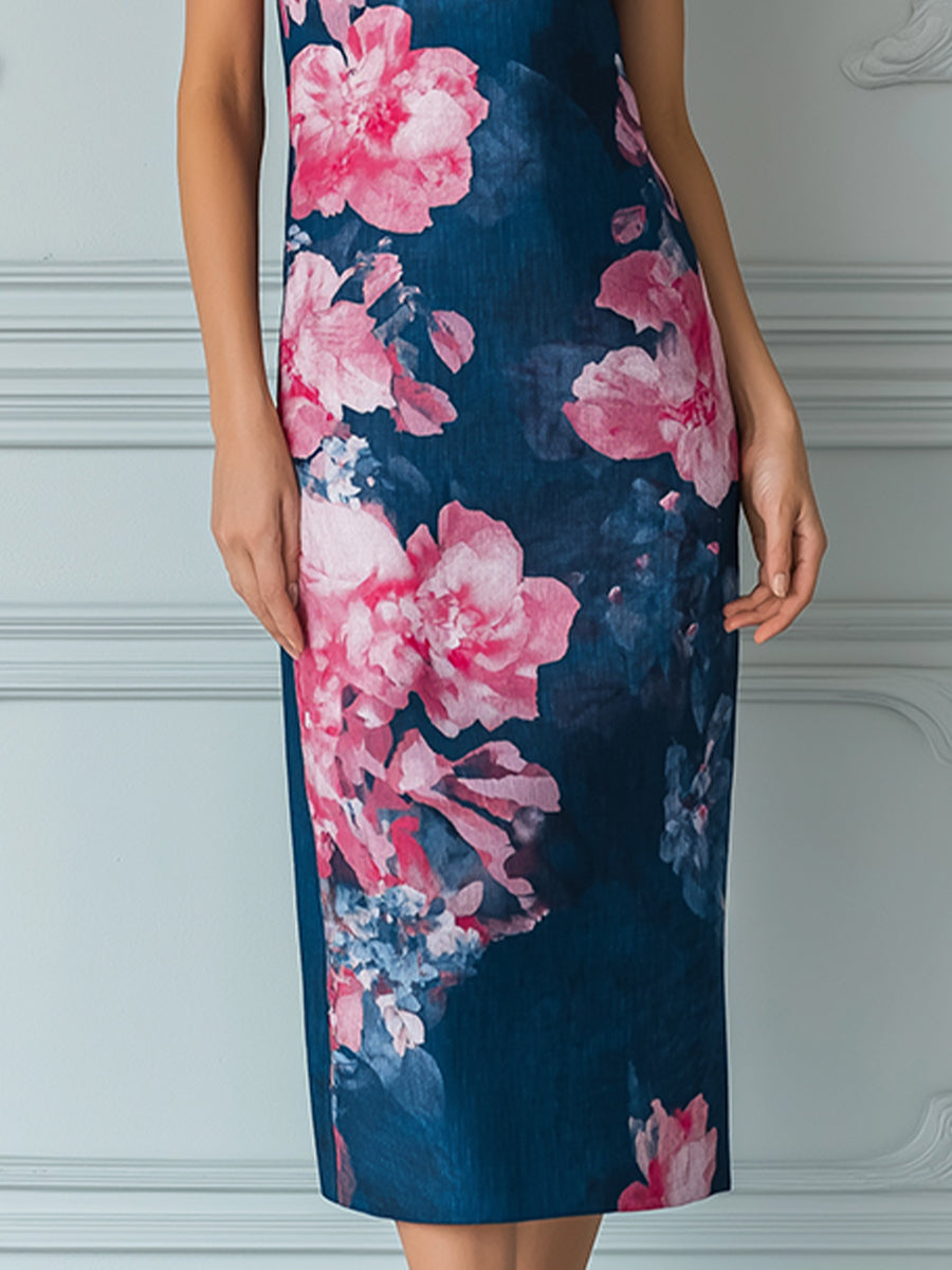 Cap Sleeves Denim-Look Midi Dress