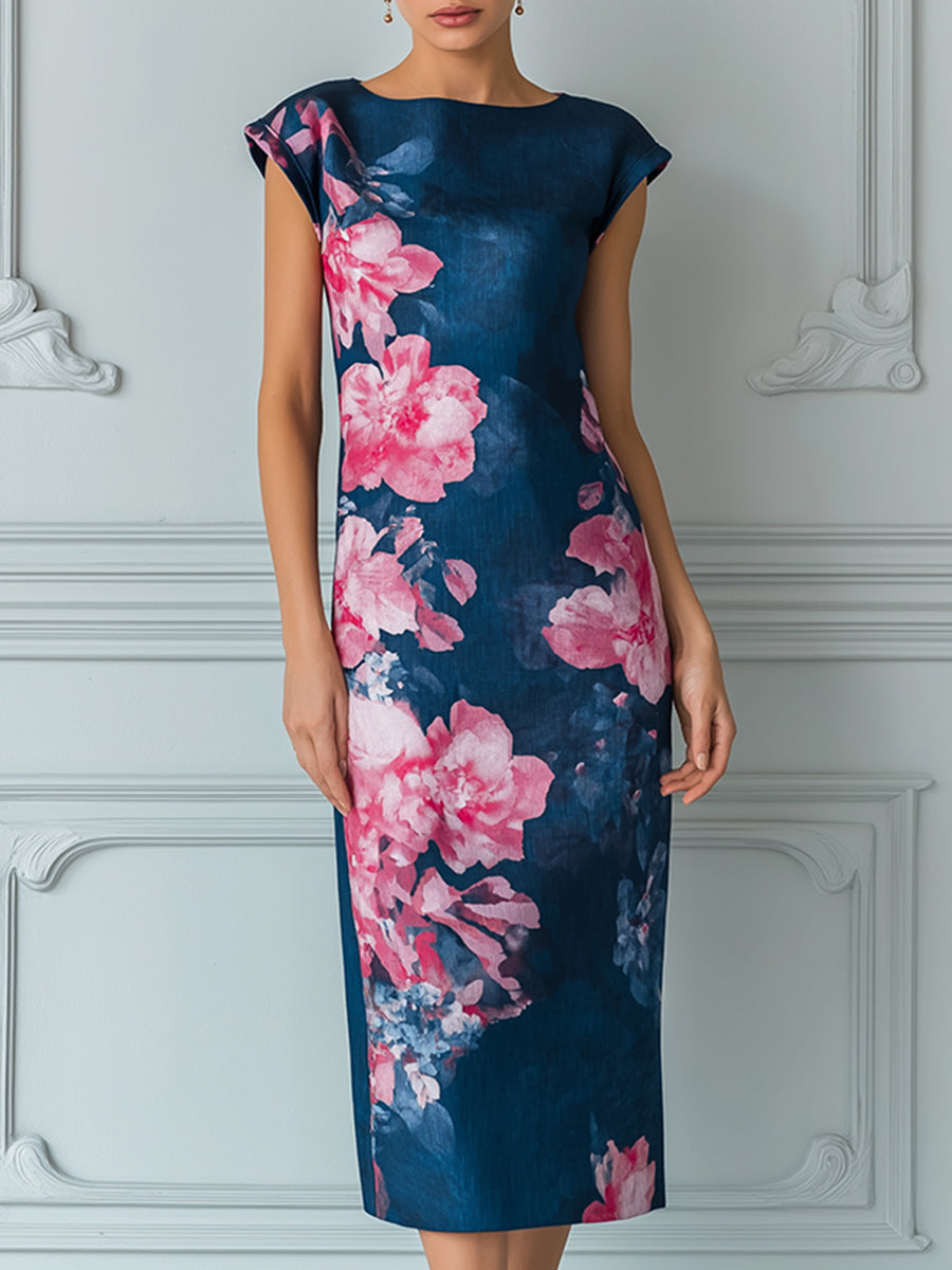 Cap Sleeves Denim-Look Midi Dress