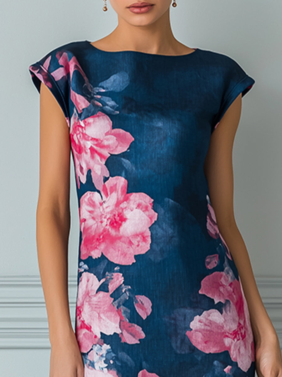 Cap Sleeves Denim-Look Midi Dress