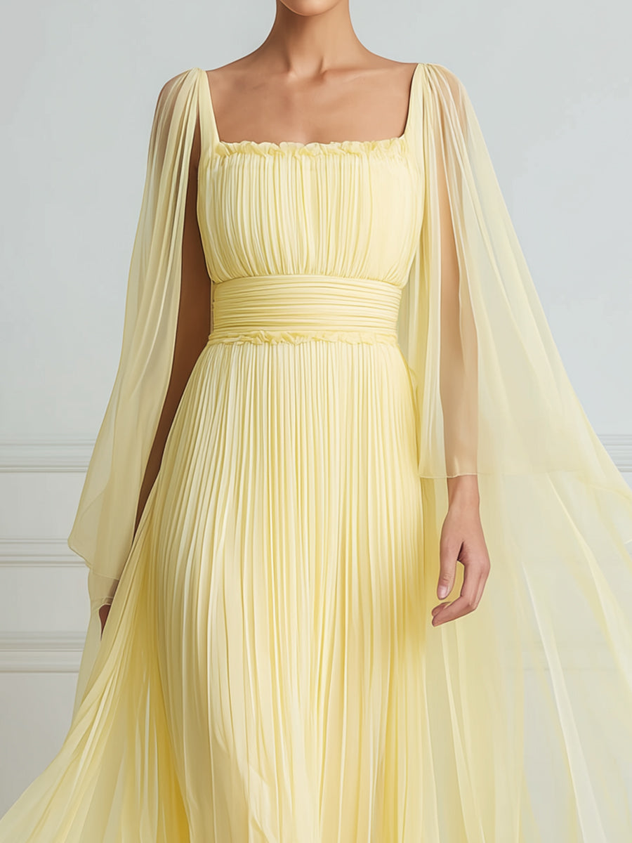 Pleated Chiffon Cape Sleeve Maxi Dress