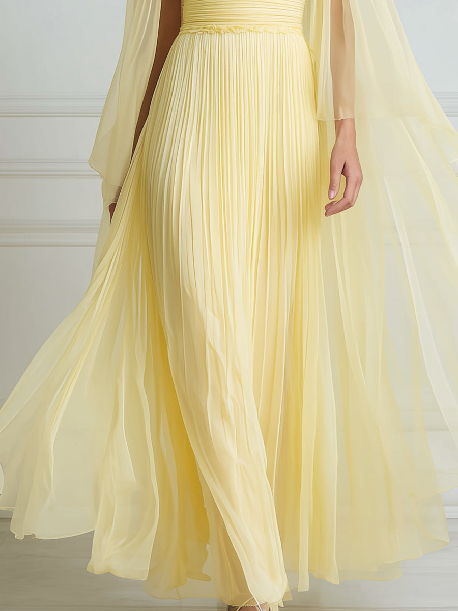 Pleated Chiffon Cape Sleeve Maxi Dress