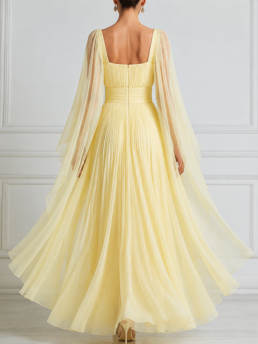 Pleated Chiffon Cape Sleeve Maxi Dress
