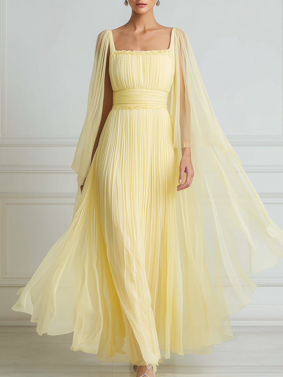 Pleated Chiffon Cape Sleeve Maxi Dress