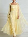 Pleated Chiffon Cape Sleeve Maxi Dress