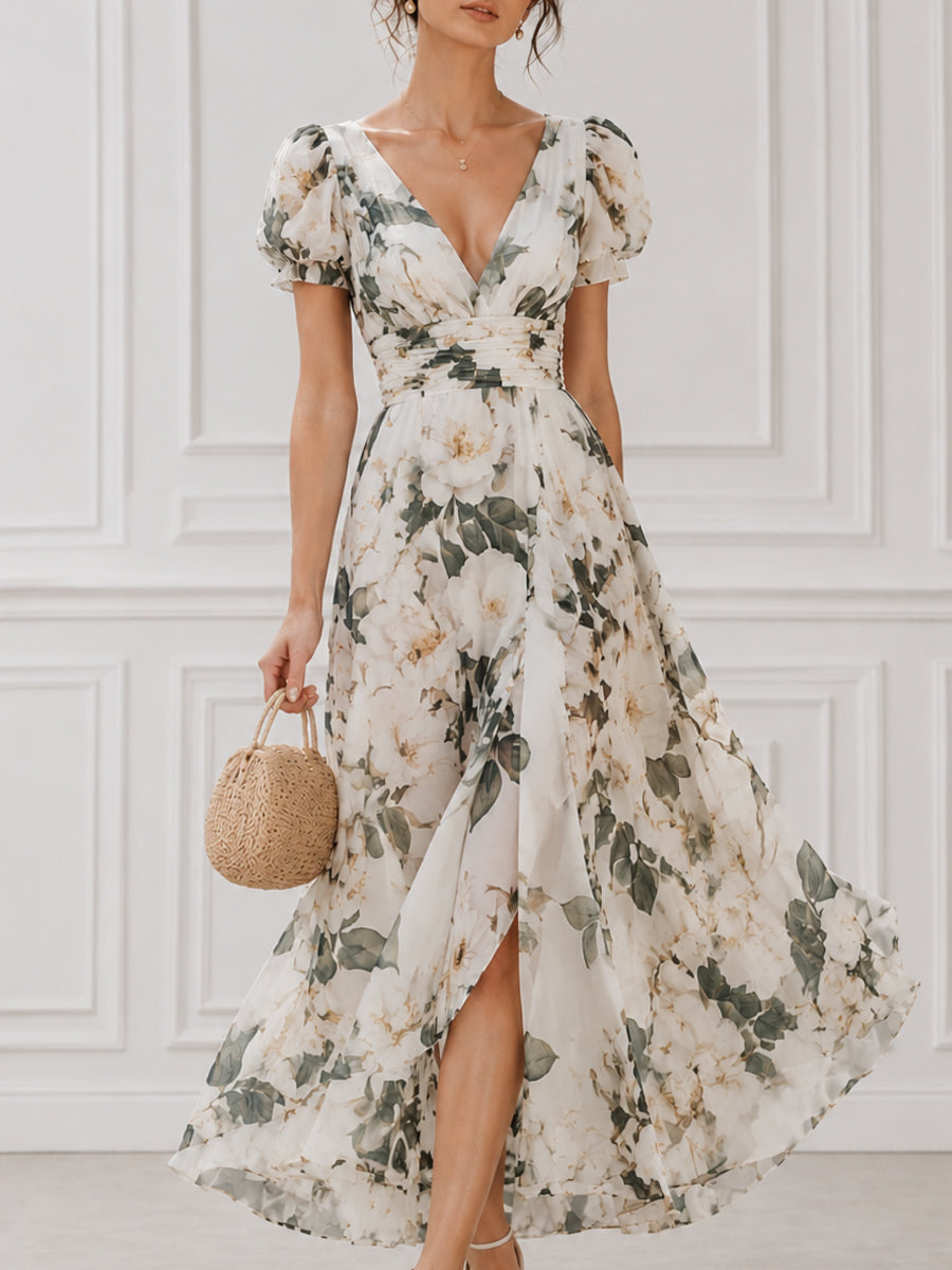 Floral Puff Sleeve Wrap Maxi Dress