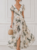 Floral Puff Sleeve Wrap Maxi Dress