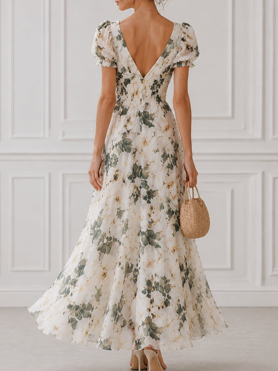 Floral Puff Sleeve Wrap Maxi Dress