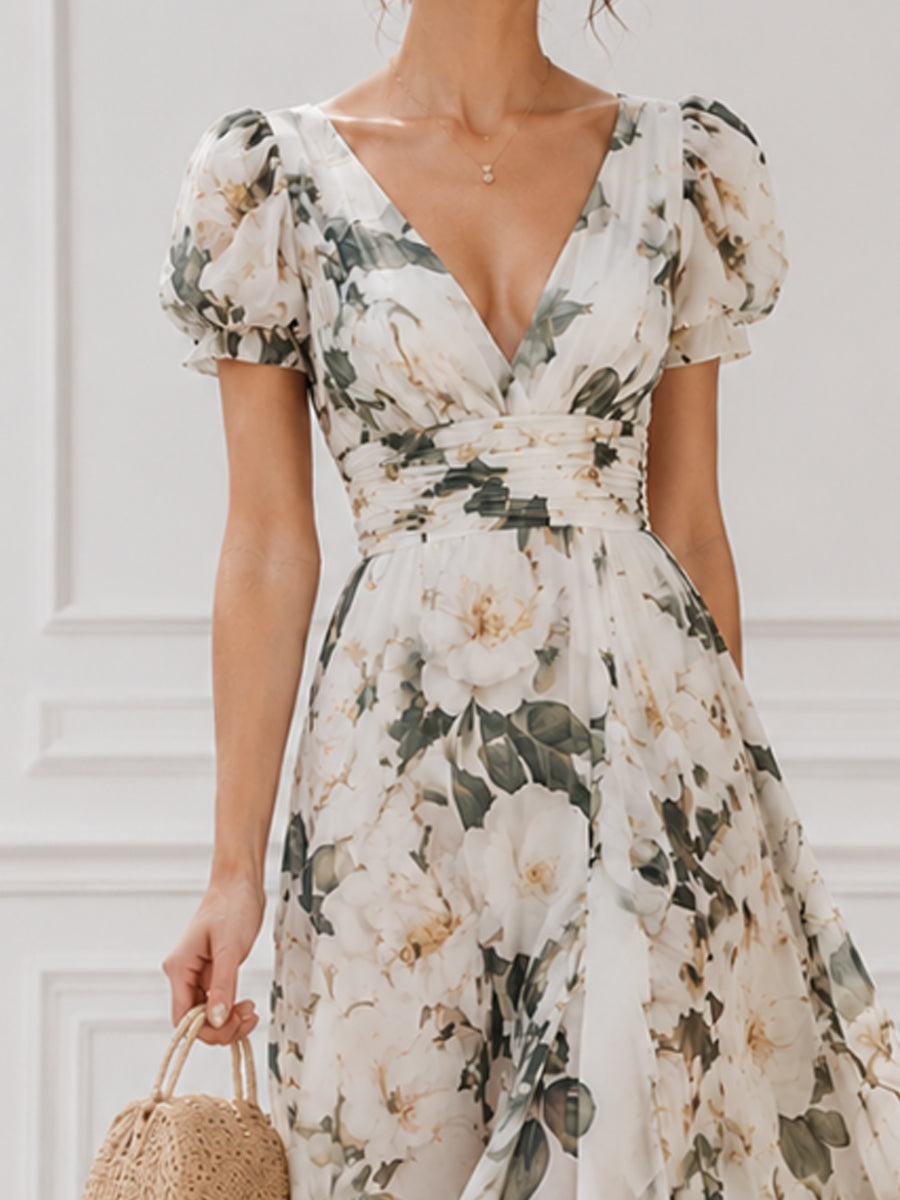 Floral Puff Sleeve Wrap Maxi Dress