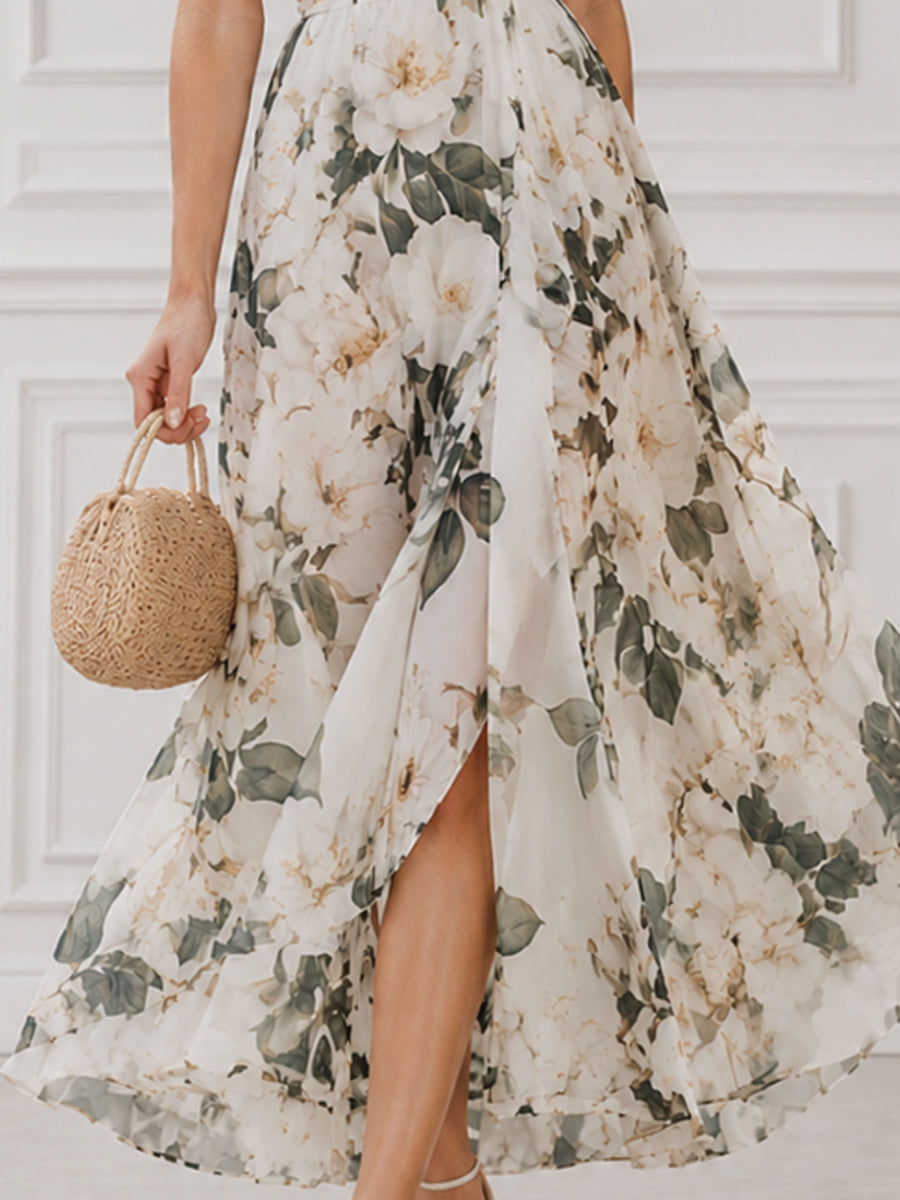 Floral Puff Sleeve Wrap Maxi Dress