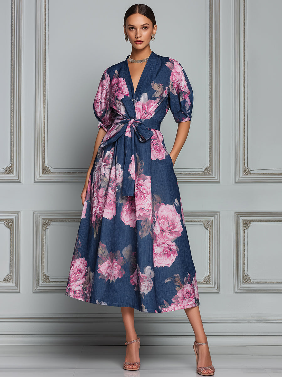 Romantic Floral Denim-Look Puff Sleeves Midi Dress