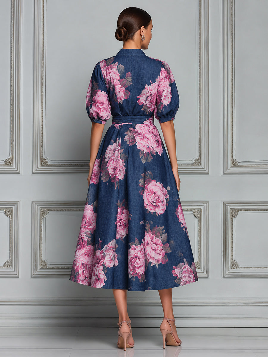 Romantic Floral Denim-Look Puff Sleeves Midi Dress