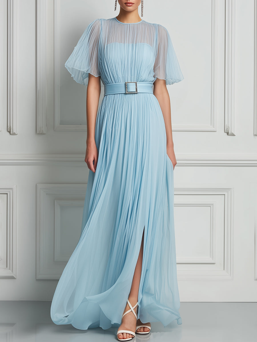 Pleated Sheer Sleeve Maxi Dress