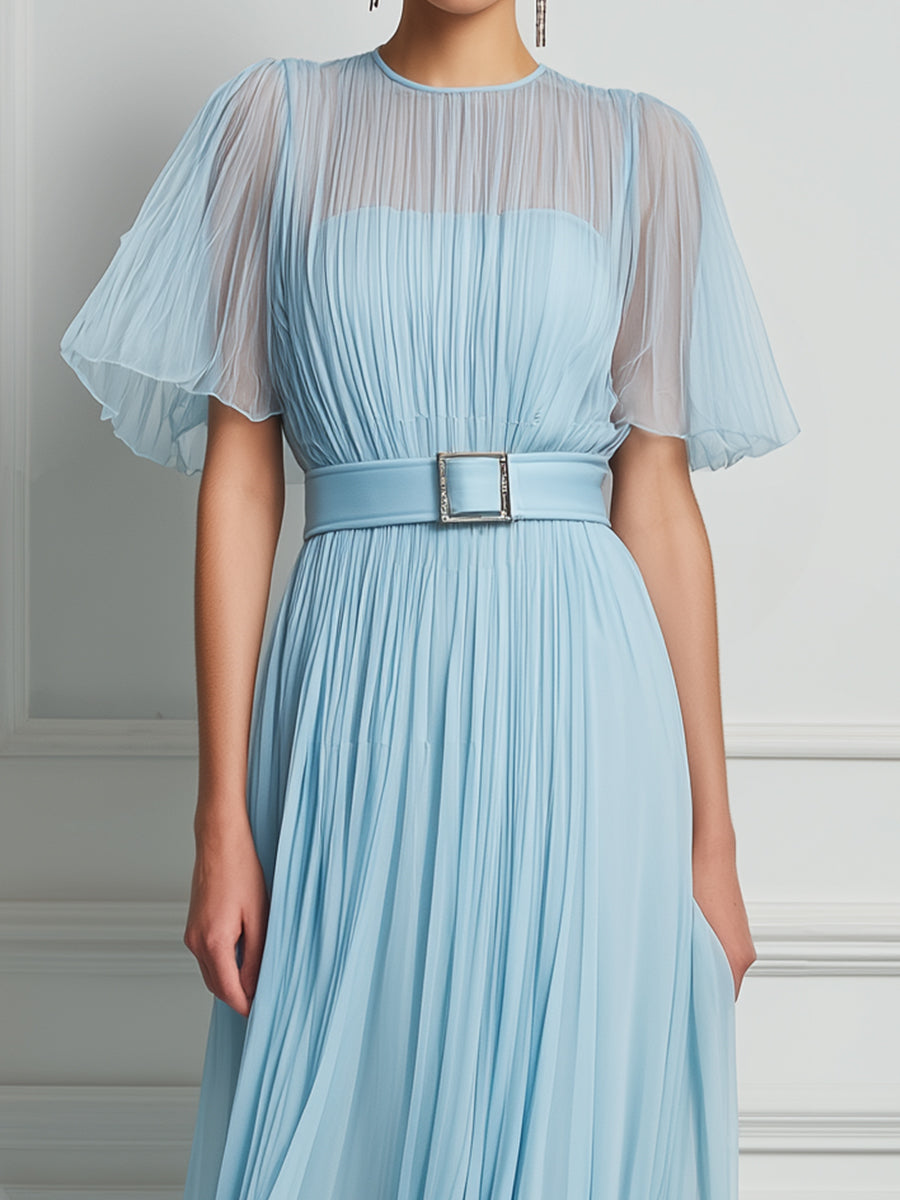 Pleated Sheer Sleeve Maxi Dress