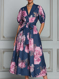 Romantic Floral Denim-Look Puff Sleeves Midi Dress