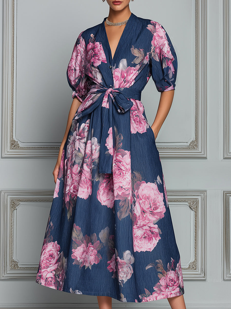 Romantic Floral Denim-Look Puff Sleeves Midi Dress