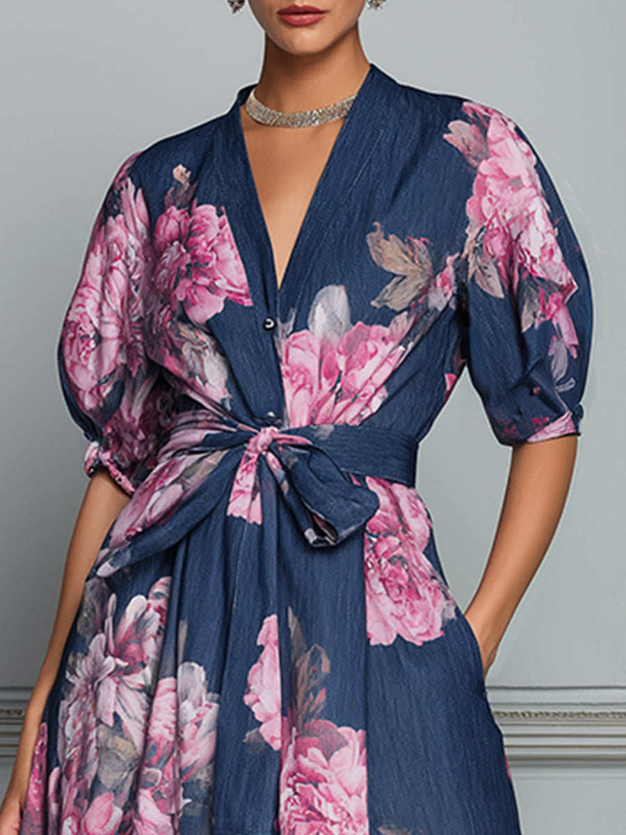 Romantic Floral Denim-Look Puff Sleeves Midi Dress