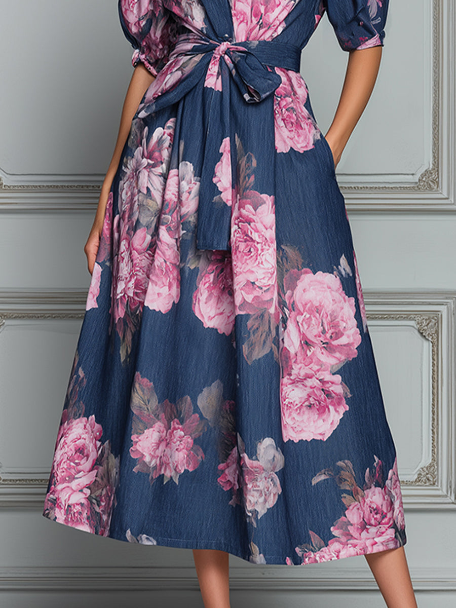 Romantic Floral Denim-Look Puff Sleeves Midi Dress
