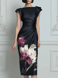Floral Draped Sheath Midi Dress