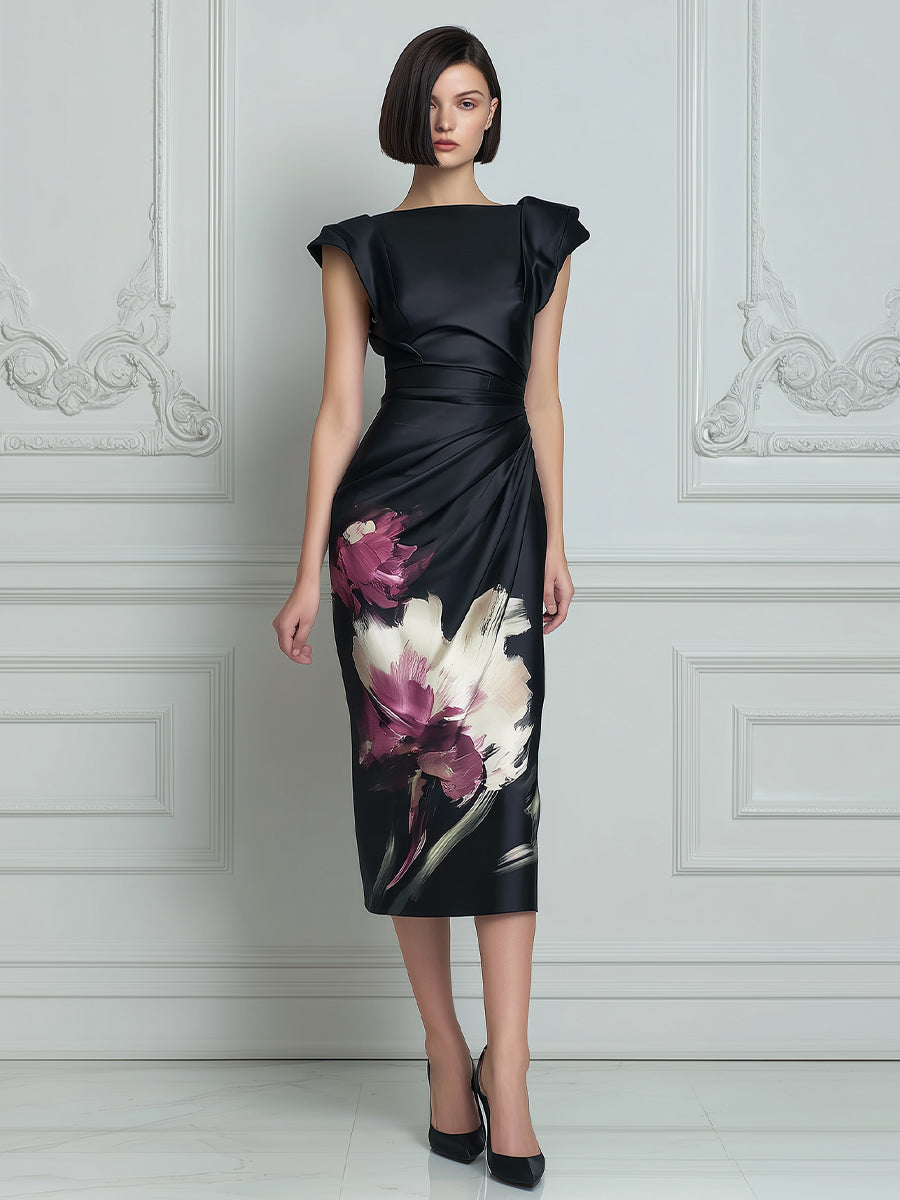 Floral Draped Sheath Midi Dress