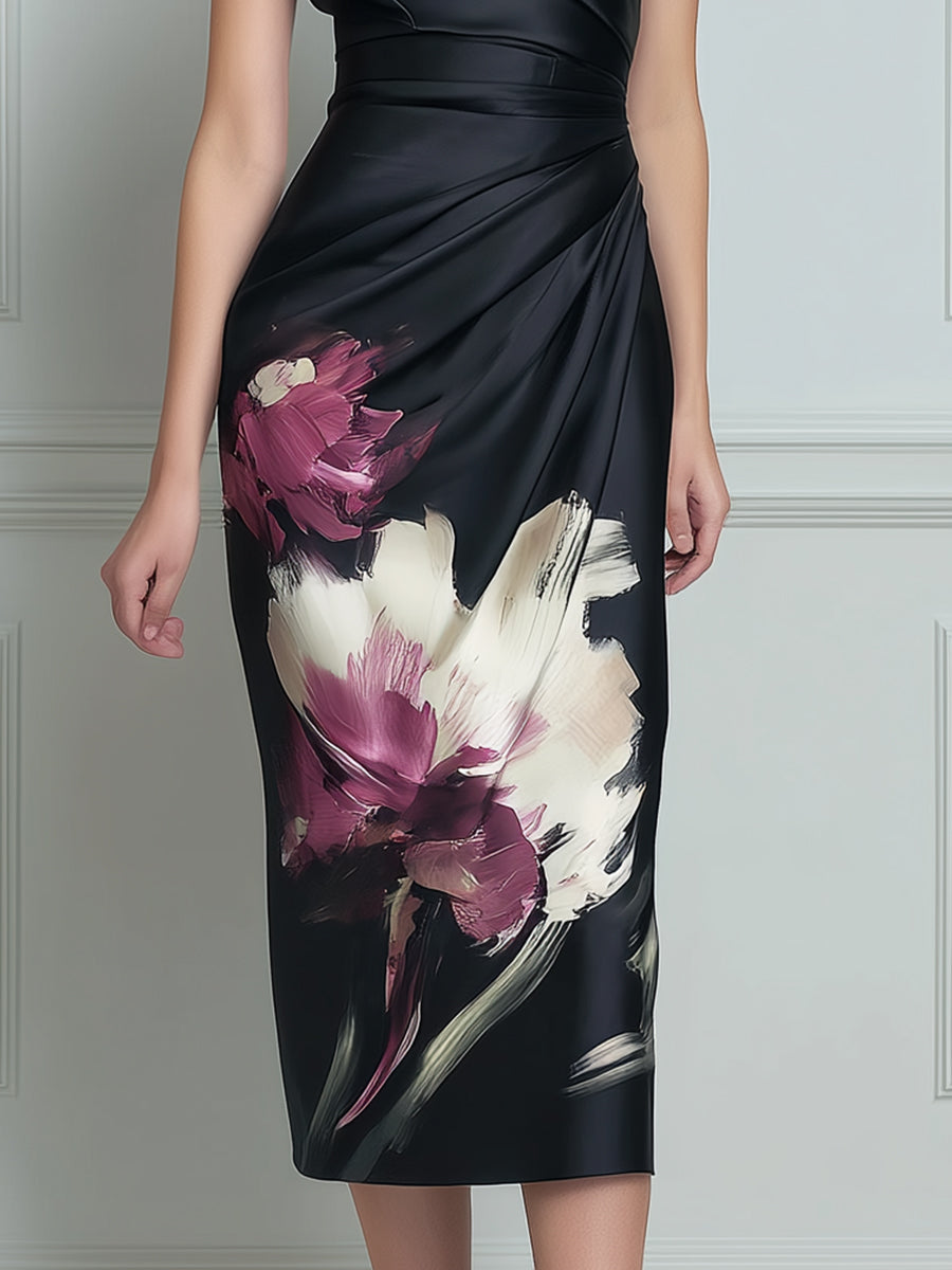 Floral Draped Sheath Midi Dress