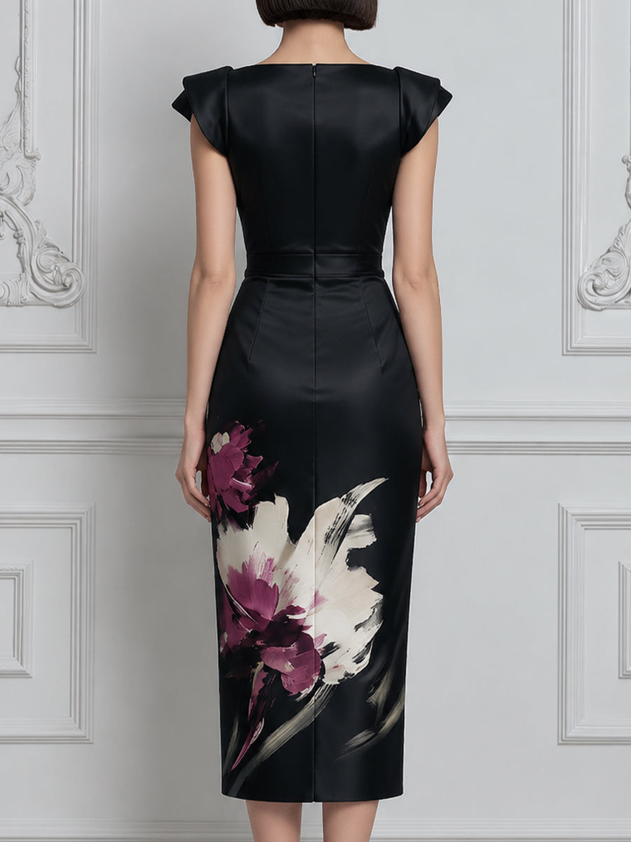 Floral Draped Sheath Midi Dress