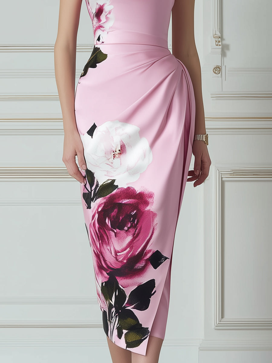 Floral Draped Pencil Midi Dress