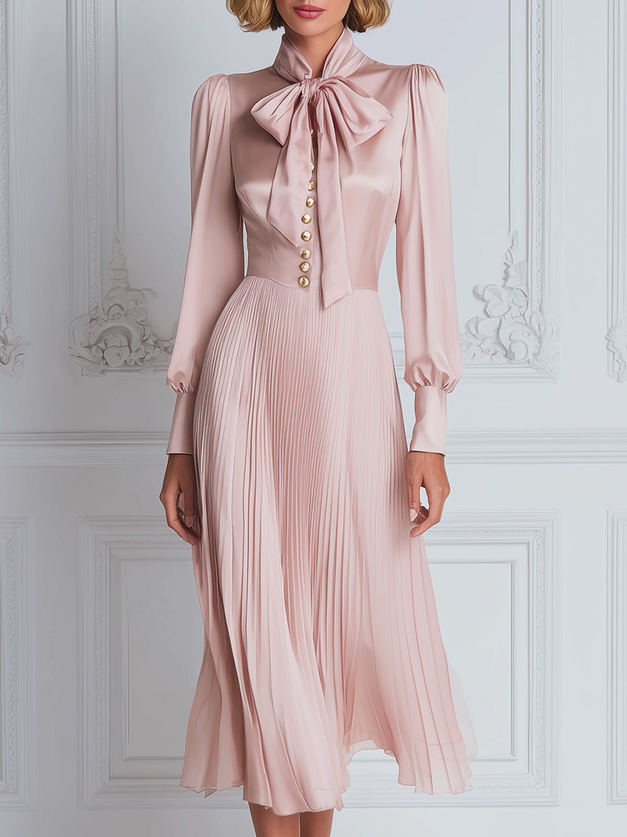 Bow-Tie Pleated Satin Midi Dress