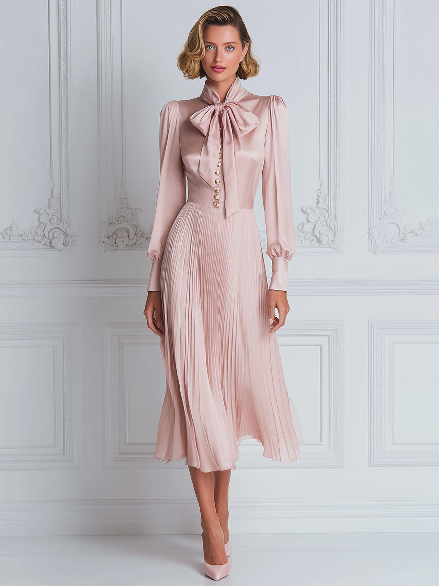 Bow-Tie Pleated Satin Midi Dress