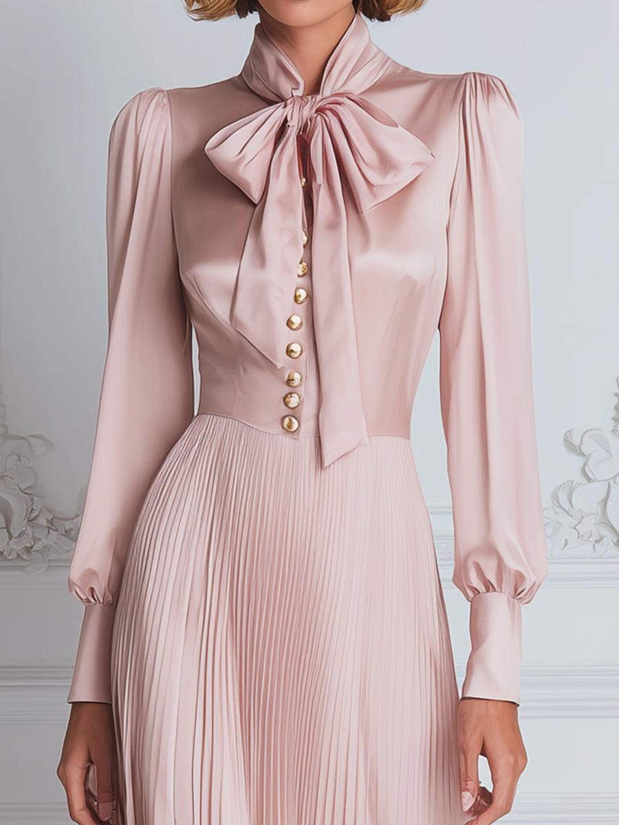 Bow-Tie Pleated Satin Midi Dress