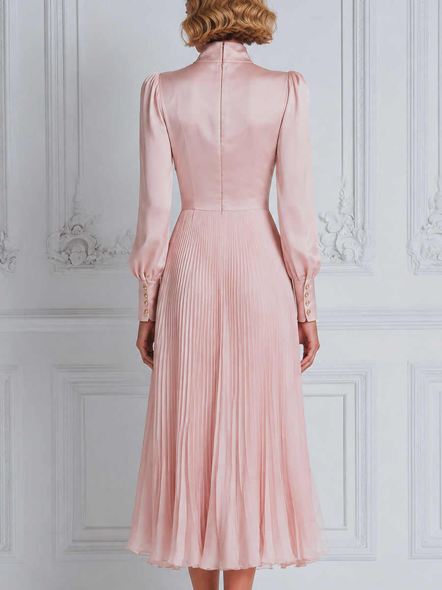 Bow-Tie Pleated Satin Midi Dress