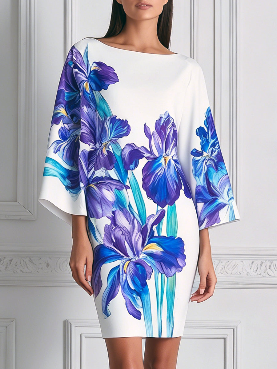 Bold Iris Print Dolman Sleeve White Satin Dress