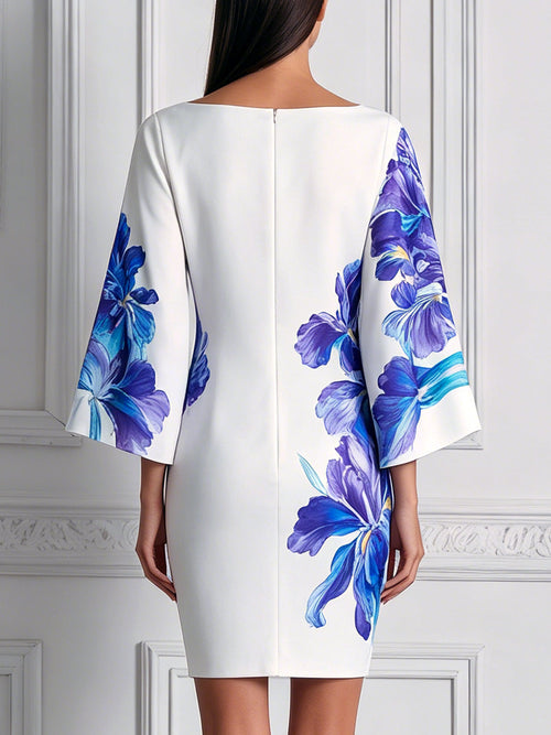 Bold Iris Print Dolman Sleeve White Satin Dress